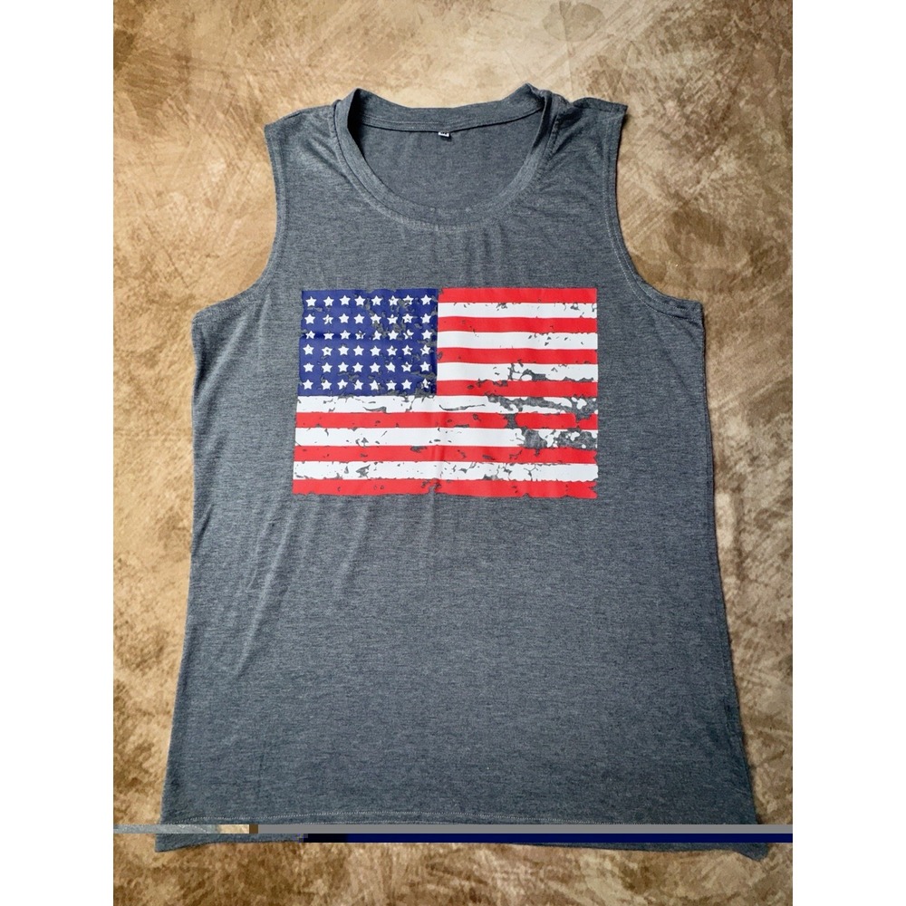 Womens Adult Medium Gray American Flag Tank Top Sleeveless stretch Shirt USA
